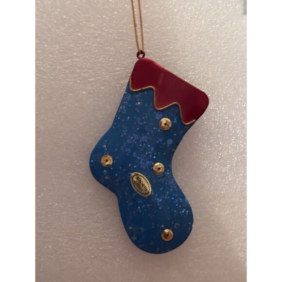 Christmas Tree Ornament Blue Metal Stocking Holiday Decor - Picture 2 of 4